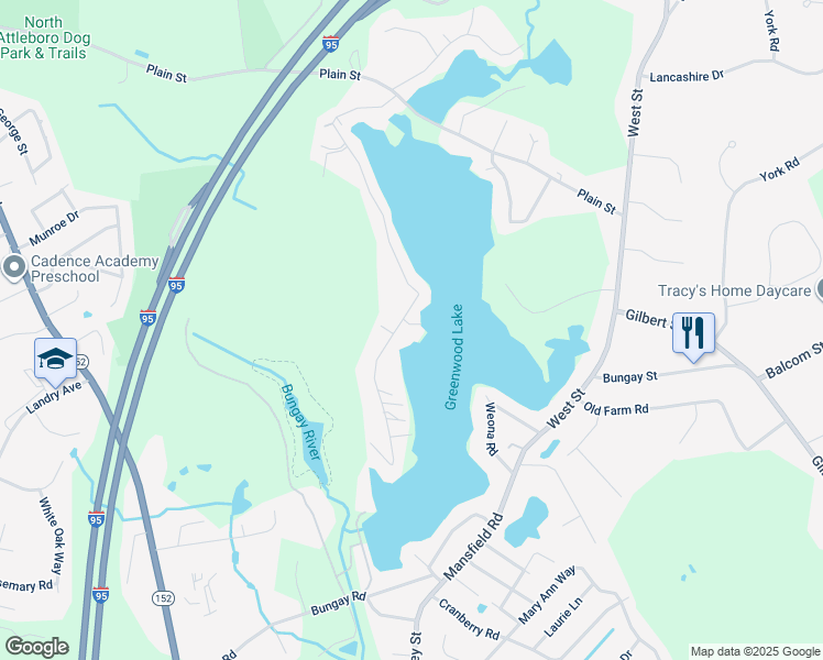 map of restaurants, bars, coffee shops, grocery stores, and more near 320 Oakridge Avenue in North Attleborough