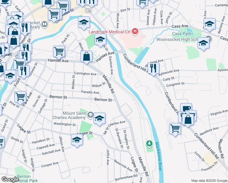 map of restaurants, bars, coffee shops, grocery stores, and more near 320 Manville Road in Woonsocket