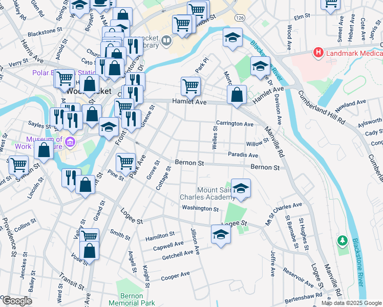 map of restaurants, bars, coffee shops, grocery stores, and more near 576 Bernon Street in Woonsocket