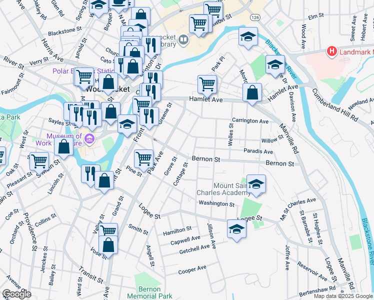 map of restaurants, bars, coffee shops, grocery stores, and more near 481 Bernon Street in Woonsocket