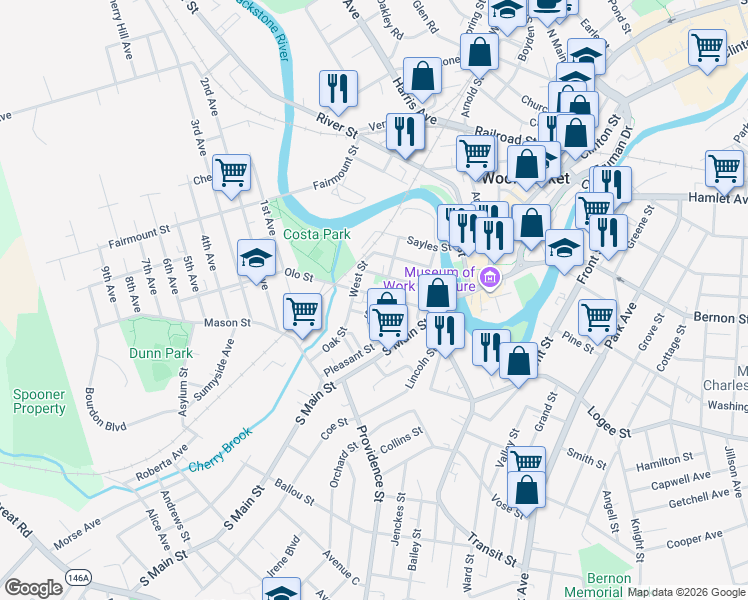 map of restaurants, bars, coffee shops, grocery stores, and more near 5 John Street in Woonsocket