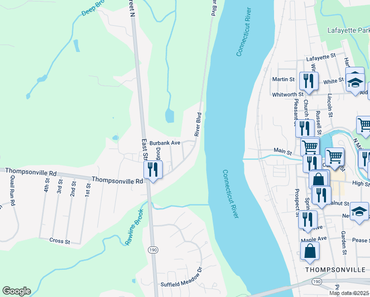 map of restaurants, bars, coffee shops, grocery stores, and more near 920 Thompsonville Road in Suffield