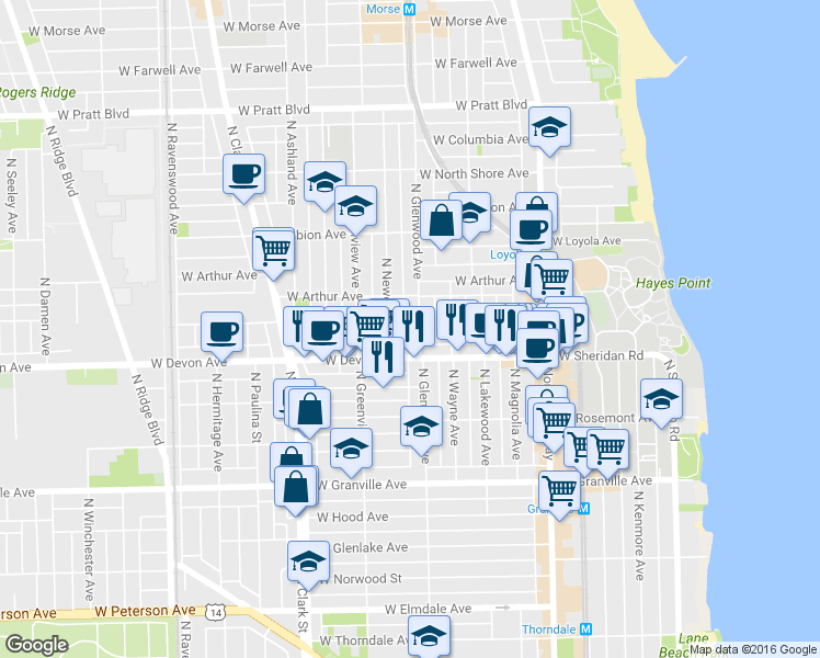 map of restaurants, bars, coffee shops, grocery stores, and more near 6410 North Glenwood Avenue in Chicago