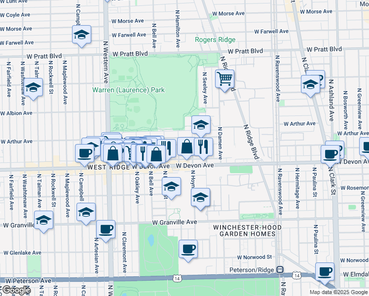 map of restaurants, bars, coffee shops, grocery stores, and more near 6422 North Hamilton Avenue in Chicago