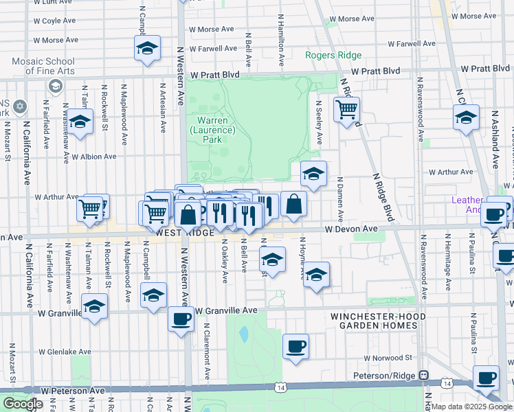 map of restaurants, bars, coffee shops, grocery stores, and more near 6422 North Leavitt Street in Chicago