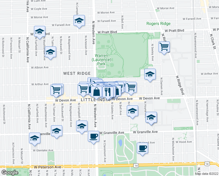map of restaurants, bars, coffee shops, grocery stores, and more near 6425 North Claremont Avenue in Chicago