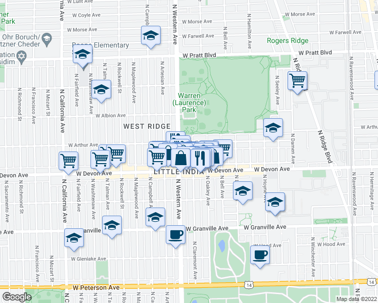 map of restaurants, bars, coffee shops, grocery stores, and more near 6423 North Claremont Avenue in Chicago