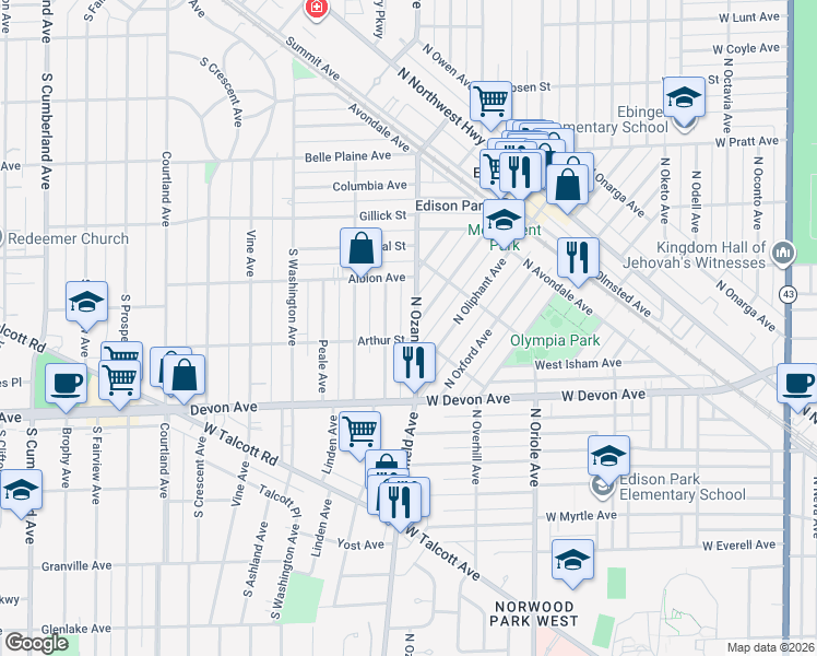 map of restaurants, bars, coffee shops, grocery stores, and more near 1020 North Ozanam Avenue in Park Ridge
