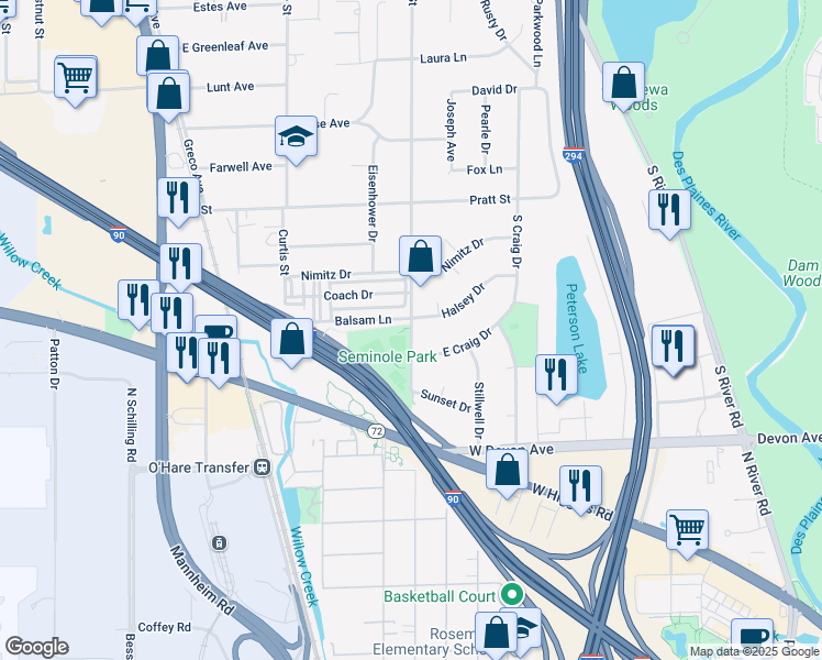 map of restaurants, bars, coffee shops, grocery stores, and more near 3031 South Scott Street in Des Plaines
