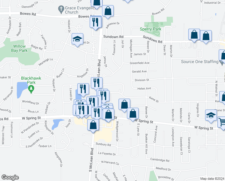 map of restaurants, bars, coffee shops, grocery stores, and more near 1085 Kane Street in South Elgin