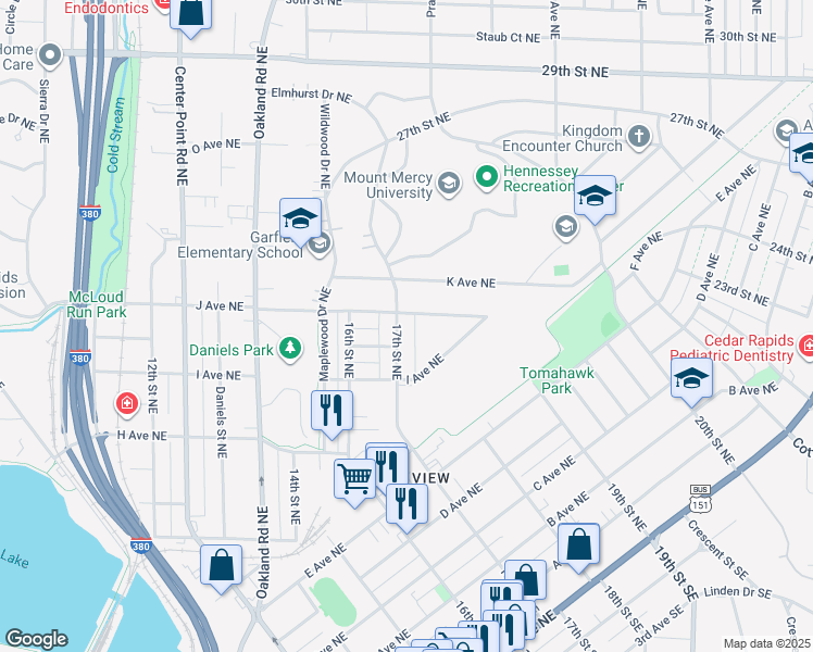 map of restaurants, bars, coffee shops, grocery stores, and more near 1039 17th Street Northeast in Cedar Rapids