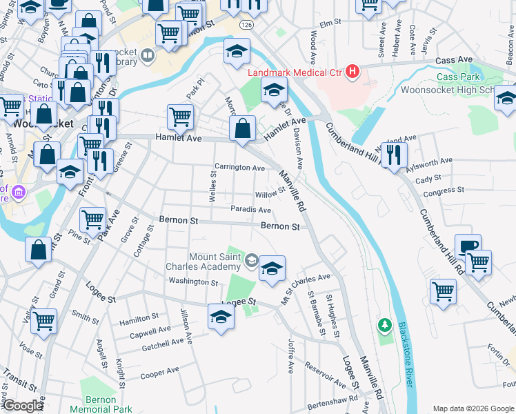 map of restaurants, bars, coffee shops, grocery stores, and more near 318 Paradis Avenue in Woonsocket