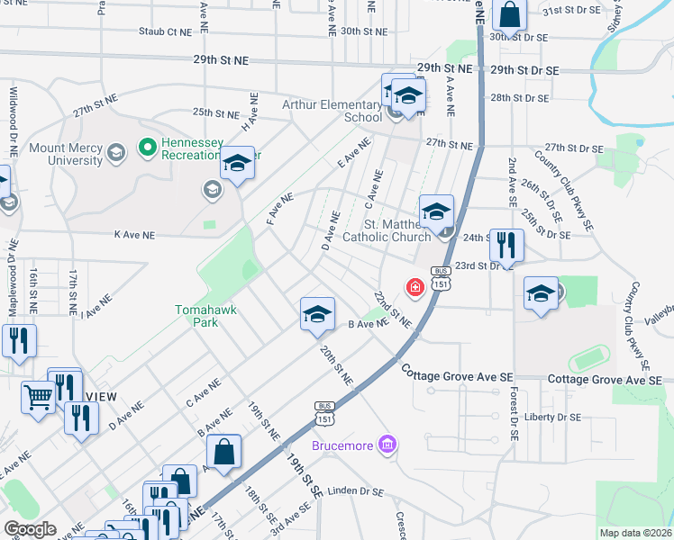 map of restaurants, bars, coffee shops, grocery stores, and more near 325 22nd Street Northeast in Cedar Rapids