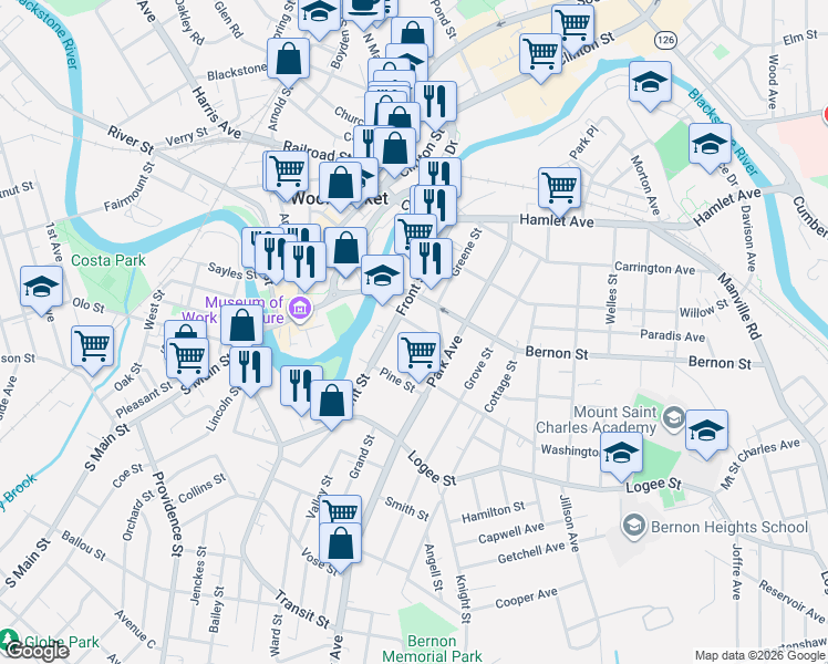map of restaurants, bars, coffee shops, grocery stores, and more near 37 Watson Street in Woonsocket
