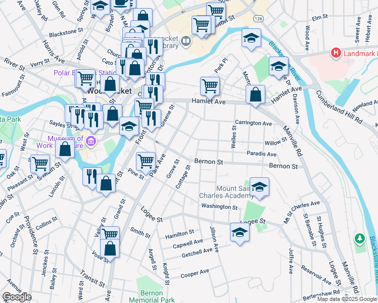 map of restaurants, bars, coffee shops, grocery stores, and more near 481 Bernon Street in Woonsocket