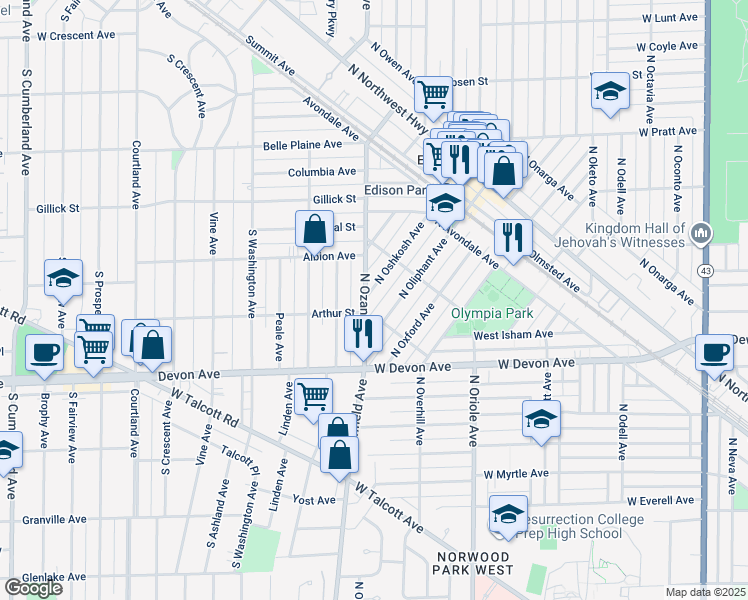 map of restaurants, bars, coffee shops, grocery stores, and more near 6504 North Oliphant Avenue in Chicago