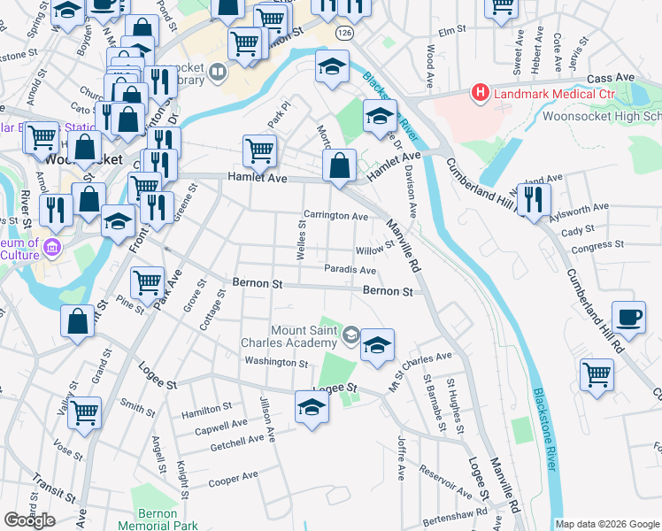 map of restaurants, bars, coffee shops, grocery stores, and more near 736 Bernon Street in Woonsocket
