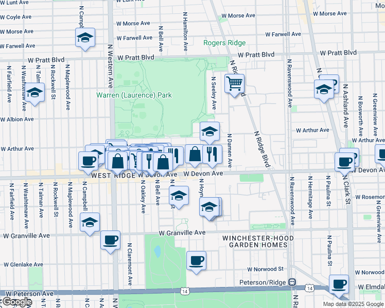 map of restaurants, bars, coffee shops, grocery stores, and more near 6422 North Hamilton Avenue in Chicago