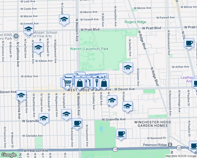 map of restaurants, bars, coffee shops, grocery stores, and more near 6442 North Bell Avenue in Chicago