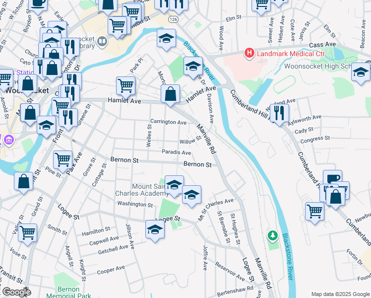 map of restaurants, bars, coffee shops, grocery stores, and more near 361 Paradis Avenue in Woonsocket