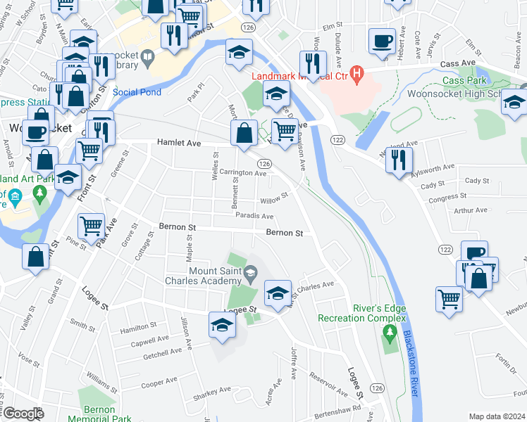 map of restaurants, bars, coffee shops, grocery stores, and more near 361 Paradis Avenue in Woonsocket