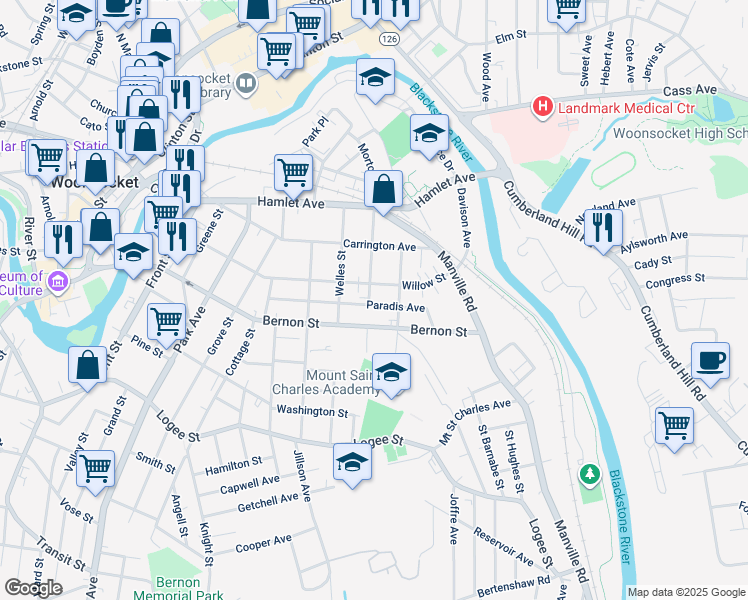 map of restaurants, bars, coffee shops, grocery stores, and more near 736 Bernon Street in Woonsocket