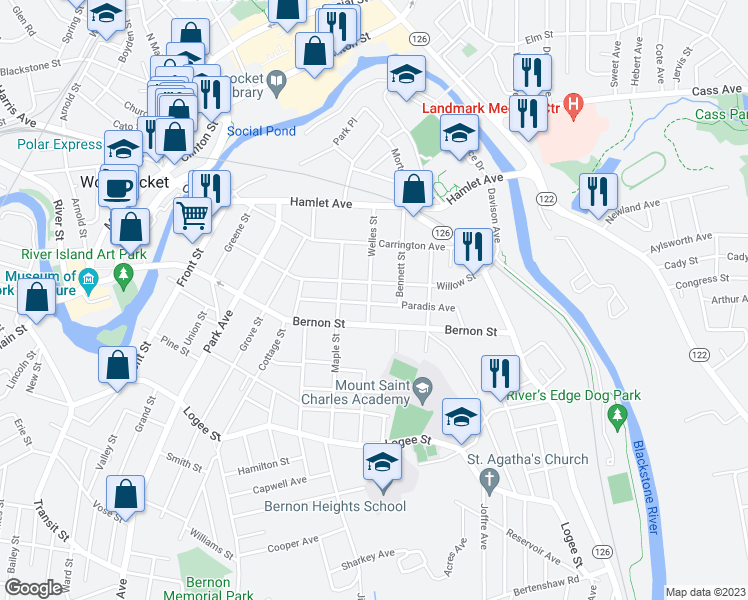 map of restaurants, bars, coffee shops, grocery stores, and more near 736 Bernon Street in Woonsocket