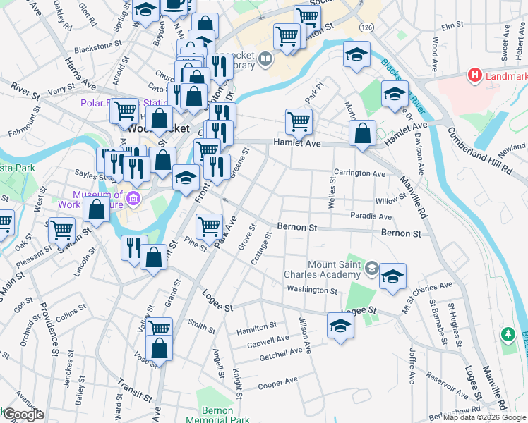 map of restaurants, bars, coffee shops, grocery stores, and more near 481 Bernon Street in Woonsocket