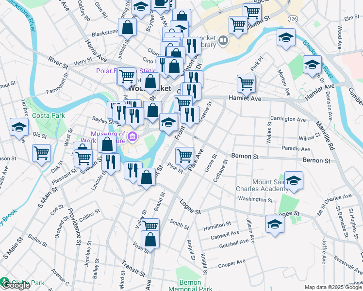 map of restaurants, bars, coffee shops, grocery stores, and more near 65 Union Street in Woonsocket