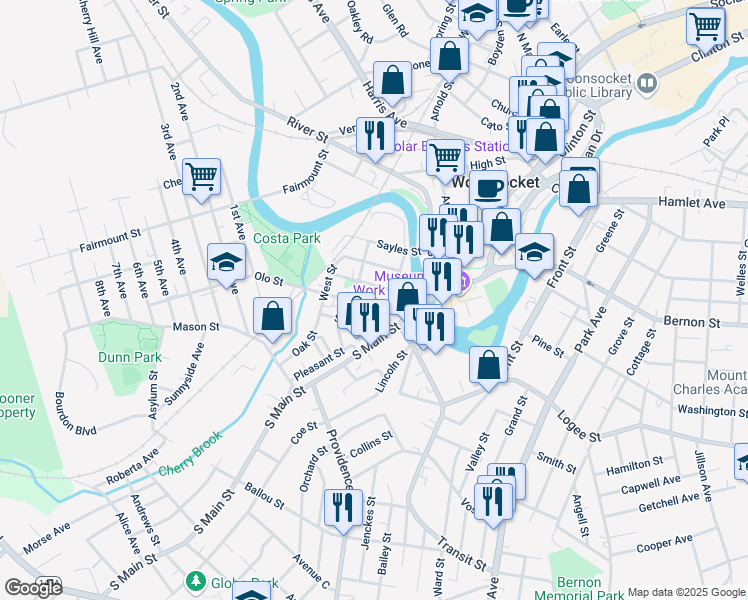 map of restaurants, bars, coffee shops, grocery stores, and more near 24 Olo Street in Woonsocket