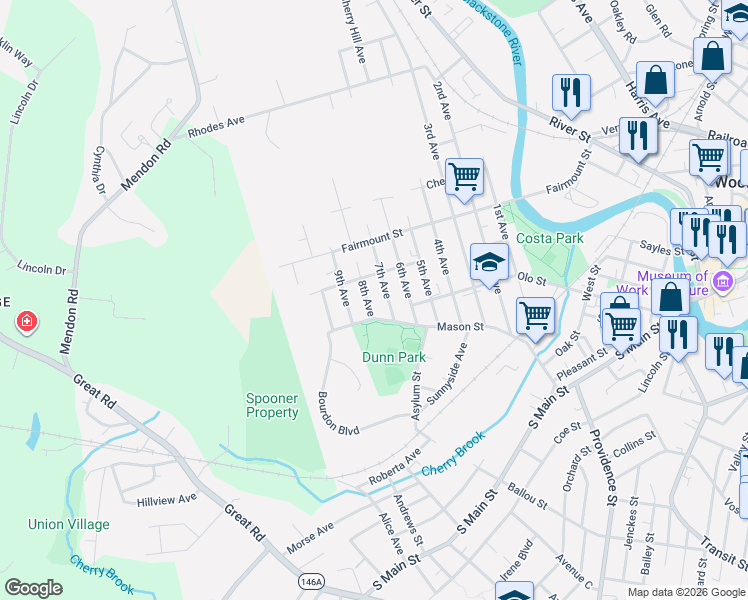 map of restaurants, bars, coffee shops, grocery stores, and more near 289 9th Avenue in Woonsocket