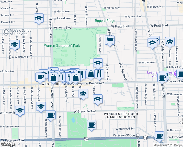 map of restaurants, bars, coffee shops, grocery stores, and more near 6419 North Hoyne Avenue in Chicago