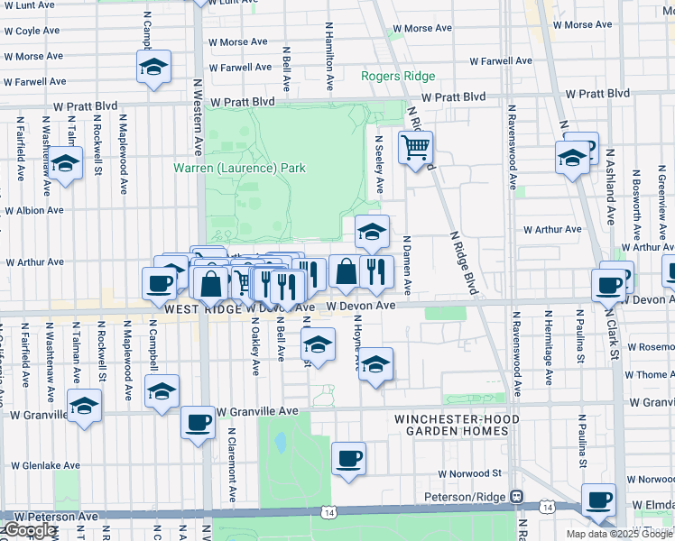 map of restaurants, bars, coffee shops, grocery stores, and more near 6422 North Hamilton Avenue in Chicago