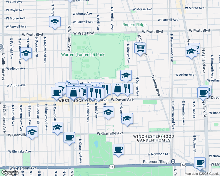 map of restaurants, bars, coffee shops, grocery stores, and more near 6422 North Hamilton Avenue in Chicago
