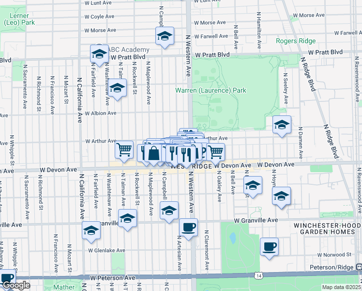 map of restaurants, bars, coffee shops, grocery stores, and more near 6424 North Artesian Avenue in Chicago
