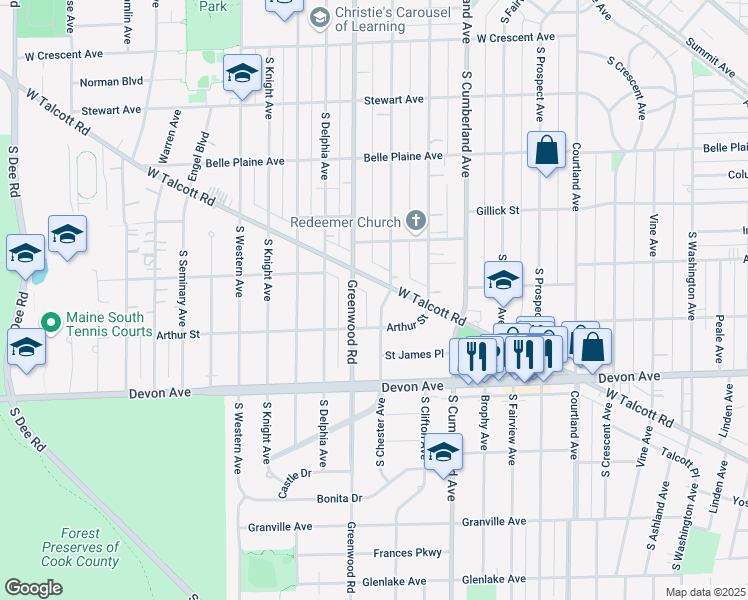 map of restaurants, bars, coffee shops, grocery stores, and more near 1010 South Chester Avenue in Park Ridge