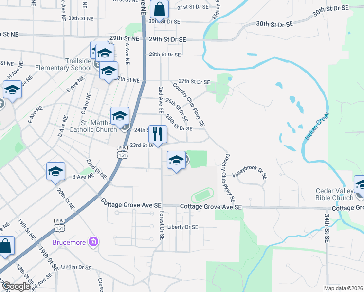 map of restaurants, bars, coffee shops, grocery stores, and more near 2205 Forest Drive Southeast in Cedar Rapids