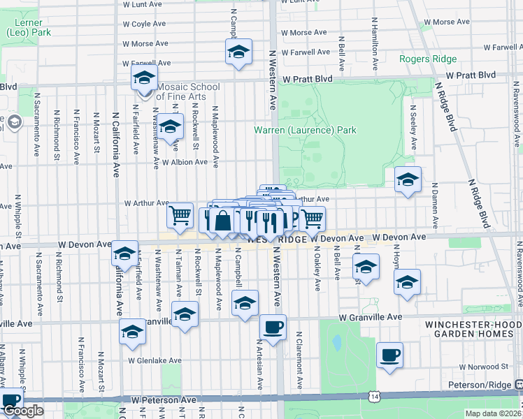 map of restaurants, bars, coffee shops, grocery stores, and more near 6424 North Artesian Avenue in Chicago