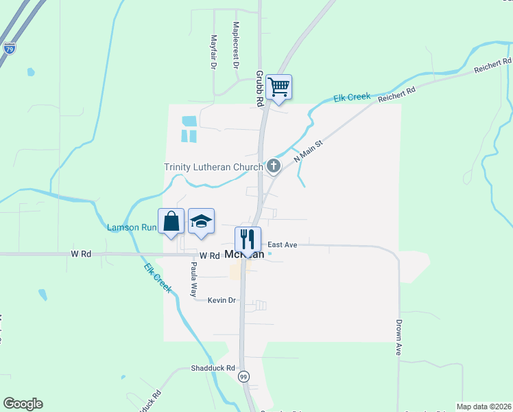 map of restaurants, bars, coffee shops, grocery stores, and more near 8918 North Main Street in McKean