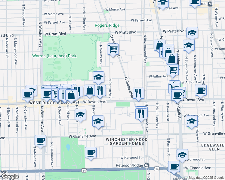 map of restaurants, bars, coffee shops, grocery stores, and more near 6435 North Damen Avenue in Chicago