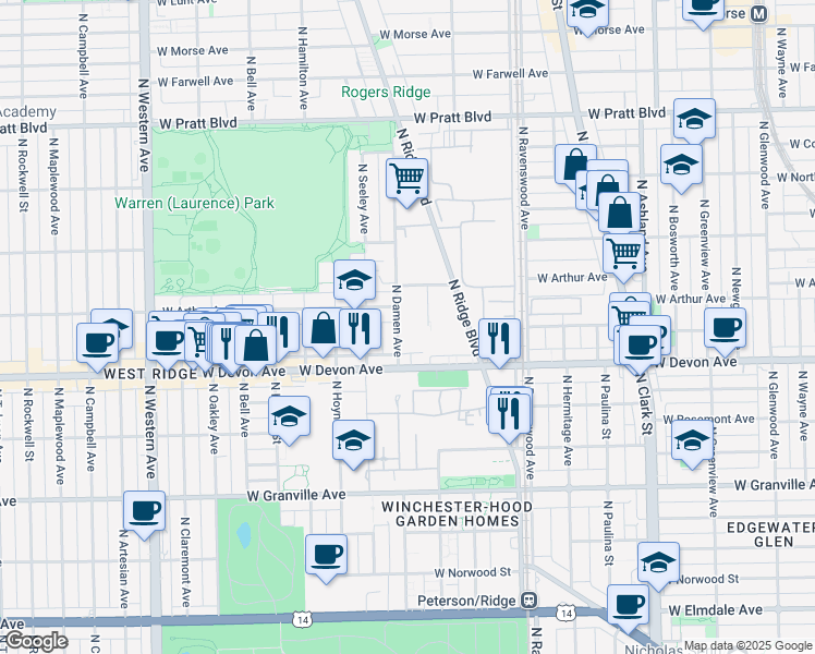 map of restaurants, bars, coffee shops, grocery stores, and more near 6441 North Damen Avenue in Chicago