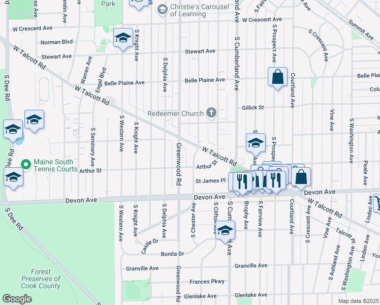 map of restaurants, bars, coffee shops, grocery stores, and more near 1010 South Chester Avenue in Park Ridge