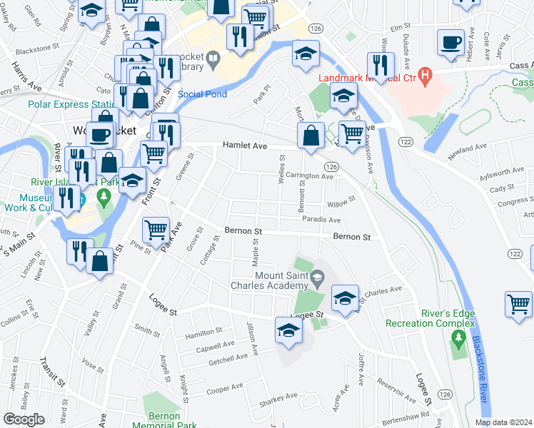 map of restaurants, bars, coffee shops, grocery stores, and more near 122 Paradis Avenue in Woonsocket