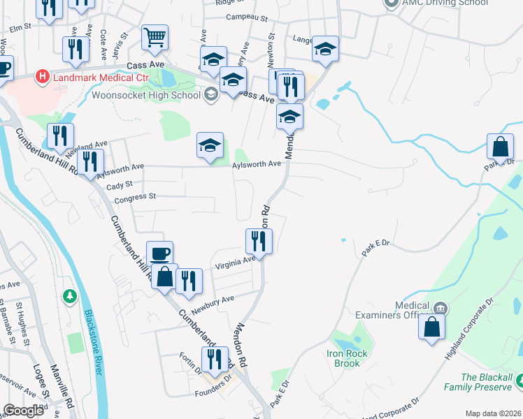 map of restaurants, bars, coffee shops, grocery stores, and more near 1565 Mendon Road in Woonsocket