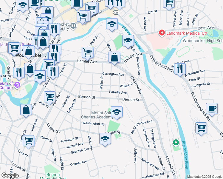 map of restaurants, bars, coffee shops, grocery stores, and more near 736 Bernon Street in Woonsocket