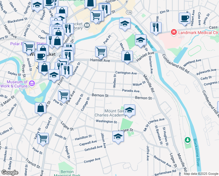 map of restaurants, bars, coffee shops, grocery stores, and more near 656 Bernon Street in Woonsocket