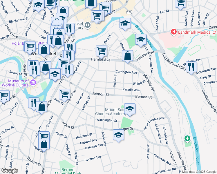 map of restaurants, bars, coffee shops, grocery stores, and more near 656 Bernon Street in Woonsocket
