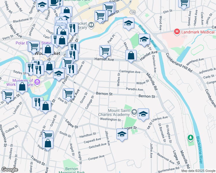map of restaurants, bars, coffee shops, grocery stores, and more near 576 Bernon Street in Woonsocket