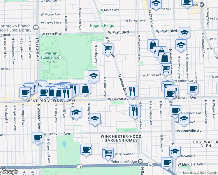 map of restaurants, bars, coffee shops, grocery stores, and more near 6417 North Damen Avenue in Chicago