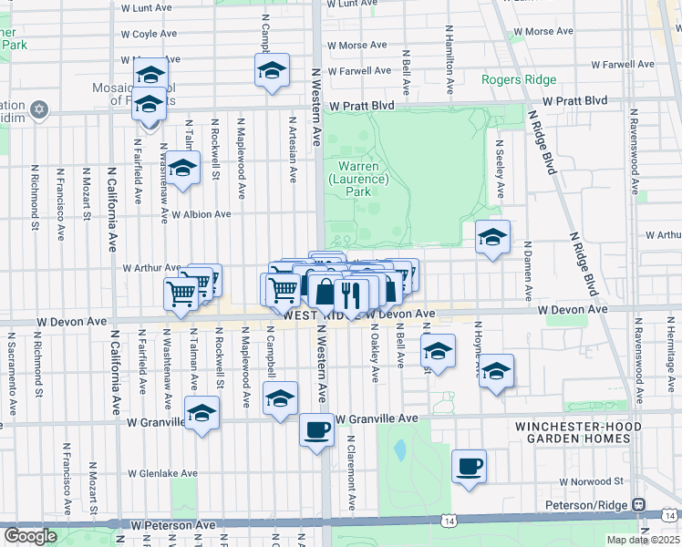 map of restaurants, bars, coffee shops, grocery stores, and more near 6425 North Claremont Avenue in Chicago